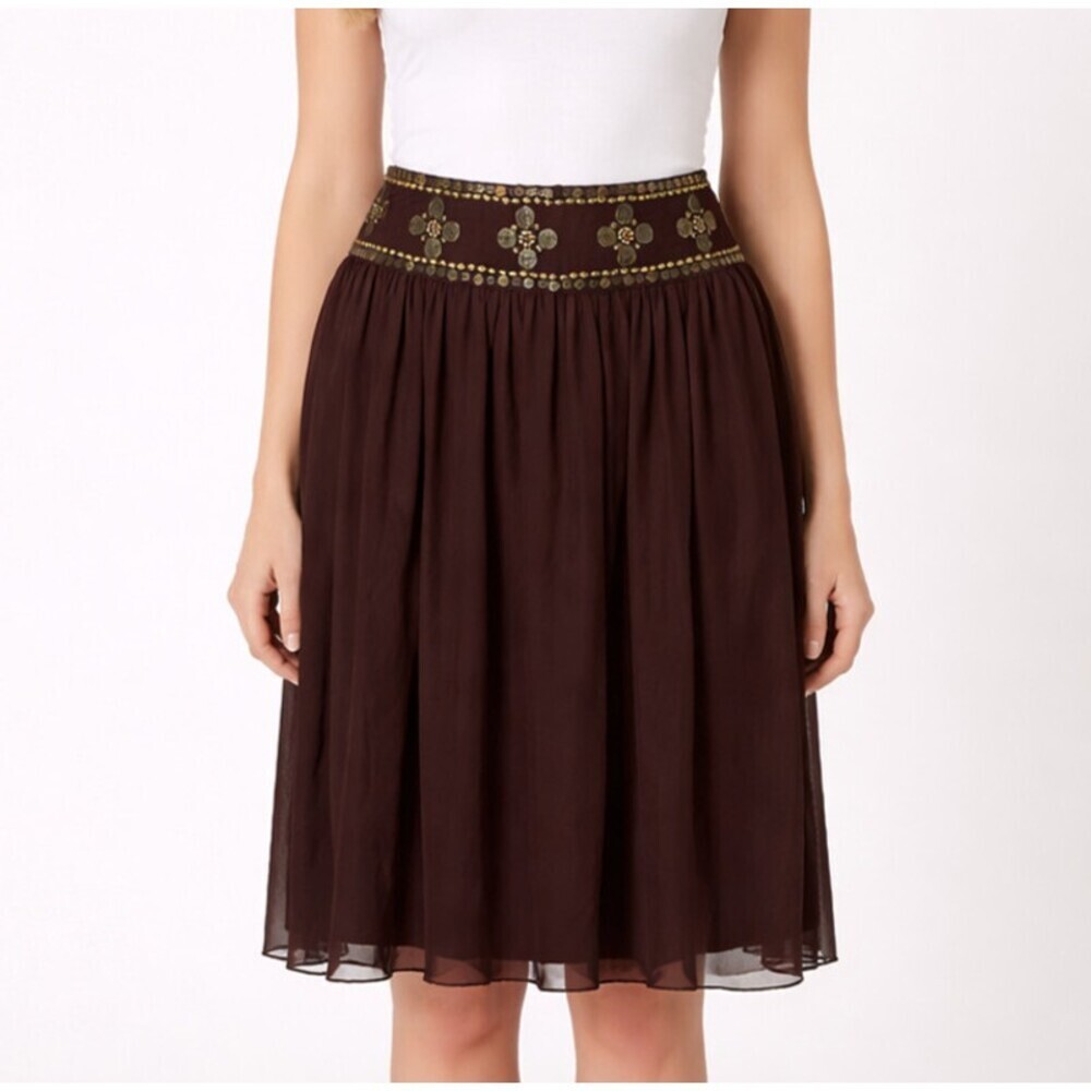 Willi Smith Brown Silk Midi Skirt Gold Sequins - Size 10